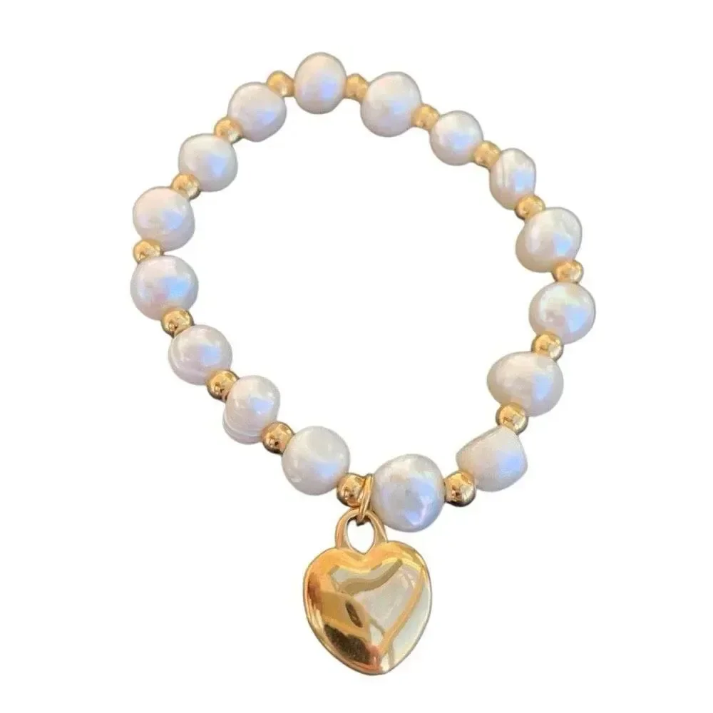 Genuine Freshwater Pearl Bracelet, Golden Heart Charm